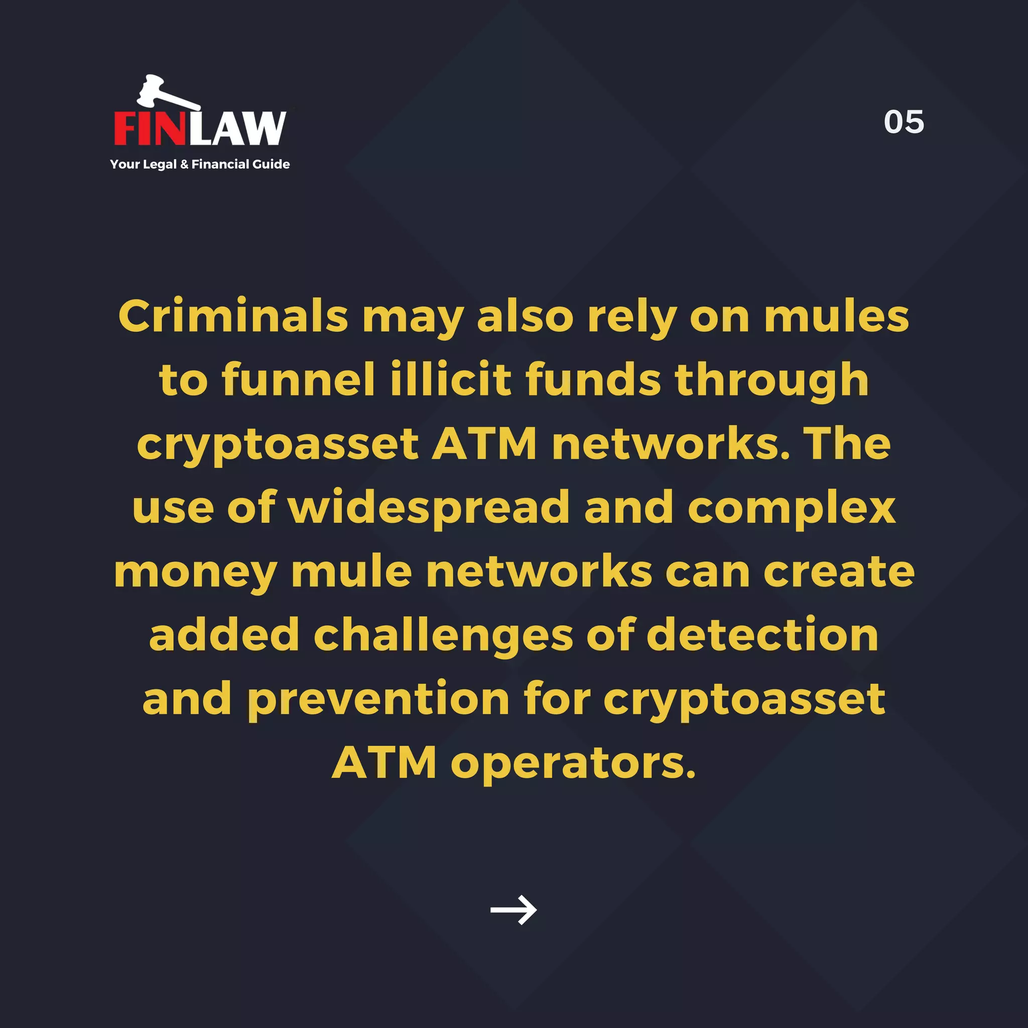 Criminals may also rely on mules
to funnel illicit funds through
cryptoasset ATM networks. The
use of widespread and complex
money mule networks can create
added challenges of detection
and prevention for cryptoasset
ATM operators.
Your Legal & Financial Guide
05
