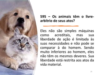 595 – Os animais têm o livre-
arbítrio de seus atos?
Eles não são simples máquinas
como acreditais, mas sua
liberdade de ação é limitada às
suas necessidades e não pode se
comparar à do homem. Sendo
muito inferiores ao homem, eles
não têm os mesmos deveres. Sua
liberdade está restrita aos atos da
vida material.
20
 
