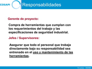 14 cursos – SSOMA
Gerente de proyecto:
Compra de herramientas que cumplan con
los requerimientos del trabajo y las
especificaciones de seguridad industrial.
Jefes / Supervisores:
Asegurar que todo el personal que trabaja
directamente bajo su responsabilidad sea
entrenado en el uso y mantenimiento de las
herramientas.
Responsabilidades
 
