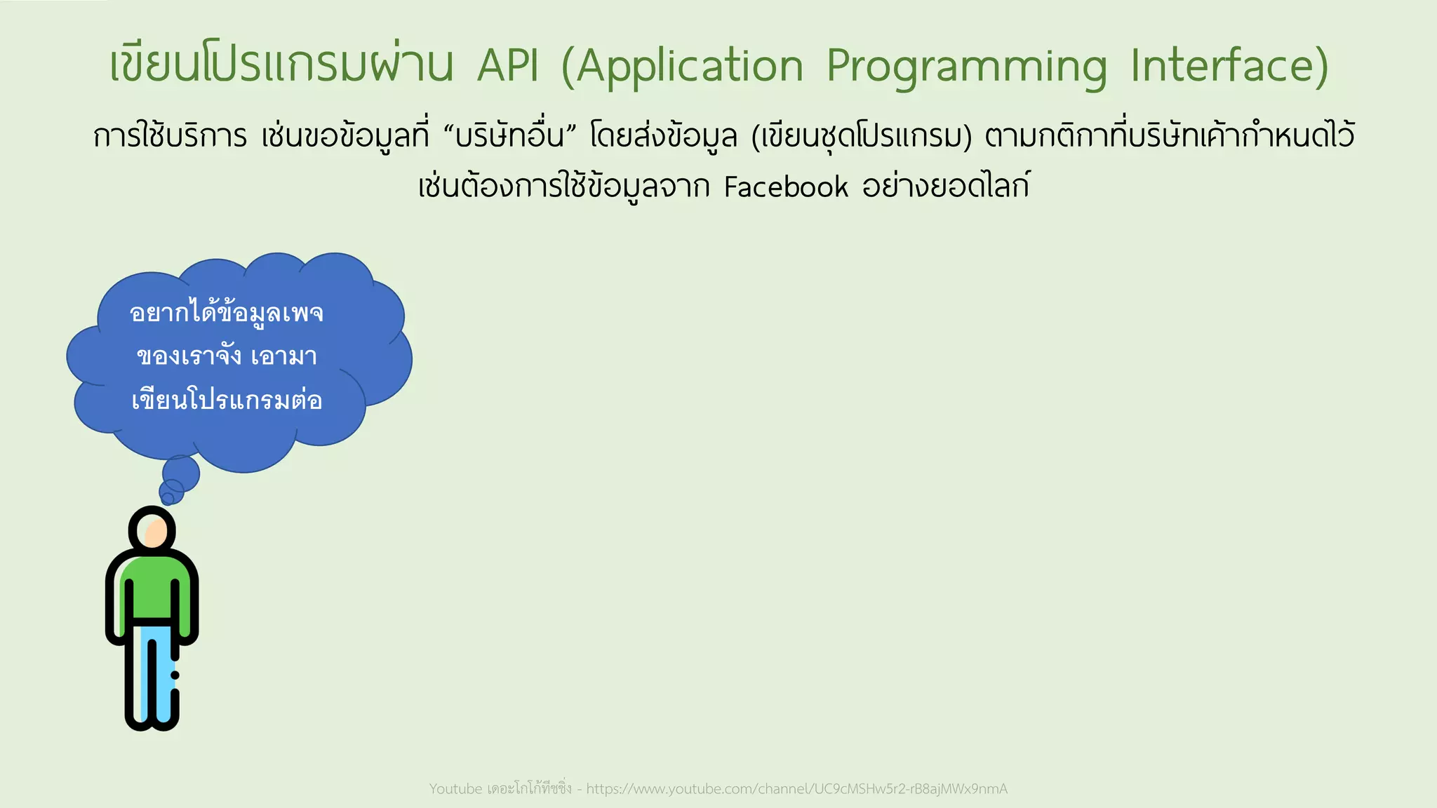 Youtube เดอะโกโก้ทีชชิ่ง - https://www.youtube.com/channel/UC9cMSHw5r2-rB8ajMWx9nmA
เขียนโปรแกรมผ่าน API (Application Programming Interface)
การใช้บริการ เช่นขอข้อมูลที่ “บริษัทอื่น” โดยส่งข้อมูล (เขียนชุดโปรแกรม) ตามกติกาที่บริษัทเค้ากาหนดไว้
เช่นต้องการใช้ข้อมูลจาก Facebook อย่างยอดไลก์
อยากได้ข้อมูลเพจ
ของเราจัง เอามา
เขียนโปรแกรมต่อ
 