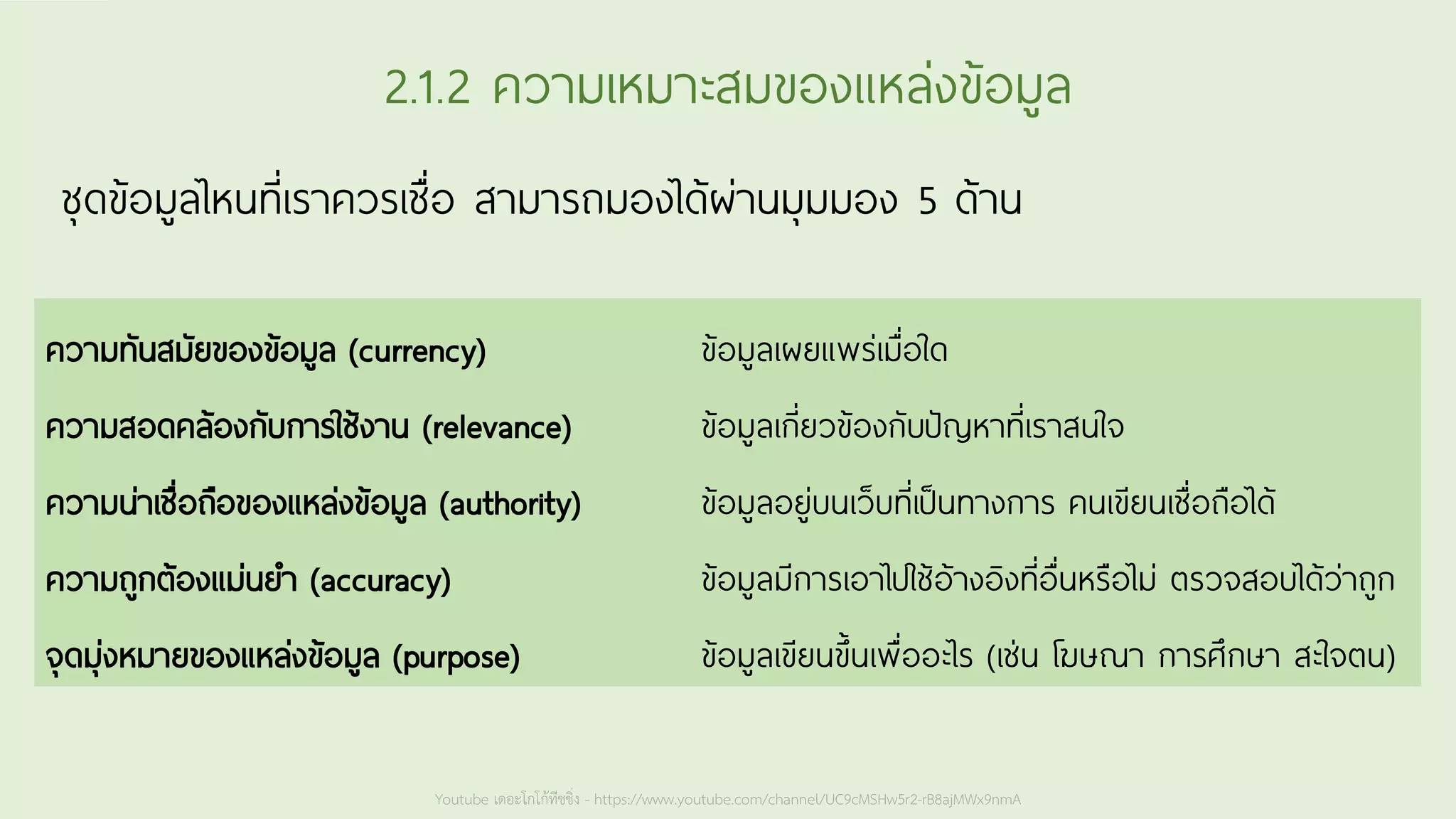 Youtube เดอะโกโก้ทีชชิ่ง - https://www.youtube.com/channel/UC9cMSHw5r2-rB8ajMWx9nmA
2.1.2 ความเหมาะสมของแหล่งข้อมูล
ความทันสมัยของข้อมูล (currency) ข้อมูลเผยแพร่เมื่อใด
ความสอดคล้องกับการใช้งาน (relevance) ข้อมูลเกี่ยวข้องกับปัญหาที่เราสนใจ
ความน่าเชื่อถือของแหล่งข้อมูล (authority) ข้อมูลอยู่บนเว็บที่เป็นทางการ คนเขียนเชื่อถือได้
ความถูกต้องแม่นยา (accuracy) ข้อมูลมีการเอาไปใช้อ้างอิงที่อื่นหรือไม่ ตรวจสอบได้ว่าถูก
จุดมุ่งหมายของแหล่งข้อมูล (purpose) ข้อมูลเขียนขึ้นเพื่ออะไร (เช่น โฆษณา การศึกษา สะใจตน)
ชุดข้อมูลไหนที่เราควรเชื่อ สามารถมองได้ผ่านมุมมอง 5 ด้าน
 