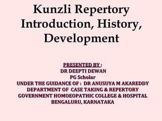 Kunzli Repertory
Introduction, History,
Development
PRESENTED BY :
DR DEEPTI DEWAN
PG Scholar
UNDER THE GUIDANCE OF : DR ANUSUYA M AKAREDDY
DEPARTMENT OF CASE TAKING & REPERTORY
GOVERNMENT HOMOEOPATHIC COLLEGE & HOSPITAL
BENGALURU, KARNATAKA
 