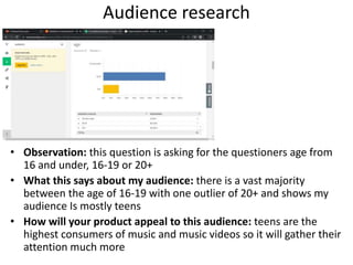 Audience research
• Observation: this question is asking for the questioners age from
16 and under, 16-19 or 20+
• What this says about my audience: there is a vast majority
between the age of 16-19 with one outlier of 20+ and shows my
audience Is mostly teens
• How will your product appeal to this audience: teens are the
highest consumers of music and music videos so it will gather their
attention much more
 