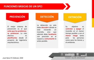 José Neira FC Editorial, 2008
PREVENCIÓN DETECCIÓN EXTINCIÓN
El mejor sistema de
prevención es el que
evita que los problemas
se produzcan. Lo más
efectivo es
planificarlos desde el
proyecto de ingeniería
arquitectónico.
La detección no solo
debe descubrir dónde se
está iniciando un
incendio, sino que
además debe localizarlo
con precisión en el
espacio y comunicarlo lo
antes posible.
Su objetivo es
controlar y apagar el
incendio en el menor
tiempo posible y con el
menor riesgo tanto
para las personas
como para los bienes y
el ambiente.
FUNCIONES BÁSICAS DE UN SPCI
 