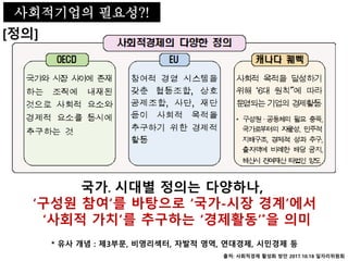 사회적기업의 필요성
[정의]
국가․시대별 정의는 다양하나,
‘구성원 참여’를 바탕으로 ‘국가-시장 경계’에서
‘사회적 가치’를 추구하는 ‘경제활동’*을 의미
* 유사 개념 : 제3부문, 비영리섹터, 자발적 영역, 연대경제, 시민경제 등
출처: 사회적경제 활성화 방안 2017.10.18 일자리위원회
사회적기업의 필요성?!
 