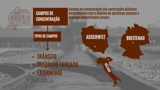 CAMPOS DE
CONCENTRAÇÃO
TIPOS DE CAMPOS
• TRÂNSITO
• TRABALHO FORÇADO
• EXTERMÍNIO
AUSCHWITZ BREITENAU
Campos de concentração são construções militares
desenvolvidas com o objetivo de aprisionar pessoas e
segregar determinados grupos.
 