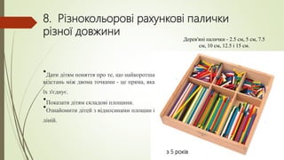 8. Різнокольорові рахункові палички
різної довжини
Дерев'яні палички - 2.5 см, 5 см, 7.5
см, 10 см, 12.5 і 15 см.
з 5 років
•Дати дітям поняття про те, що найкоротша
відстань між двома точками - це пряма, яка
їх з'єднує.
•Показати дітям складові площини.
•Ознайомити дітей з відносинами площин і
ліній.
 