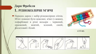Дари Фребеля
1. РІЗНОКОЛІРНІ МʼЯЧІ
 Першим даром є набір різноколірних м'ячів.
М'ячі повинні бути невеликі, м'які (з вовни),
пофарбовані в різні кольори - червоний,
оранжевий, жовтий, зелений, синій,
фіолетовий і білий.
з 2-3 міс.
 