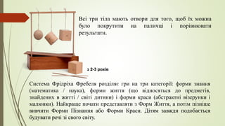 з 2-3 років
Всі три тіла мають отвори для того, щоб їх можна
було покрутити на паличці і порівнювати
результати.
Система Фрідріха Фребеля розділяє гри на три категорії: форми знання
(математика / наука), форми життя (що відносяться до предметів,
знайдених в житті / світі дитини) і форми краси (абстрактні візерунки і
малюнки). Найкраще почати представляти з Форм Життя, а потім пізніше
вивчити Форми Пізнання або Форми Краси. Дітям завжди подобається
будувати речі зі свого світу.
 