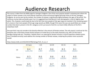 Audience Research
This source is taken from the IMDb page for Avengers Endgame. One of the most popular people’s reviewing sites where the
subject of these reviews is the most popular Superhero movie and second highest grossing movie of all time, Avengers
Endgame. As can be seen by the reviews, the number of reviews is significantly highest between the ages of 18 and 44. This
reinforces my last slide and builds upon it as it is suggested here that Marvel’s main demographic is that of slightly older
adults. This, however, could simply be due to the fact that more people of that age range are invested in the reviewing aspect
of a movie or that more people of that age range would use IMDb, though if this were the case we would likely see a larger
number that what is present in the 45+ category so let’s just assume that this is at least mildly reflective of the film’s
viewerbase itself.
One part that I may not consider to be directly reflective is the amount of female reviews. The only reason I could see for this
being the case is that these movies tend to possess an innate focus on the male characters (e.g. with 5 of the main 6
Avengers being male etc). Therefore, I believe there is an opening for female inclusion in future Superhero related movies
that, if handled correctly, could address this missing number of female reviews, rendering the product more successful
overall.
https://www.imdb.com/title/tt4154796/ratings/?ref_=tt_ov_rt
 