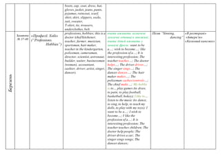 boots, cap, coat, dress, hat,
gloves, jacket, jeans, pants,
pyjamas, raincoat, scarf,
shirt, skirt, slippers, socks,
suit, sweater,
T-shirt, tie, trousers,
underclothes, belt.
Березень
Заняття
№ 37-40
«Професії. Хобі»
(“Professions.
Hobbies”)
professions, hobbies; this is a
doctor (chef/kitchener,
teacher, farmer, musician,
sportsman, hair maker,
teacher in the kindergarten,
policeman, cameraman,
director, scientist, astronaut,
builder, waiter, businessman
(woman), accountant,
cashier, driver, artist, singer,
dancer).
вчити вживати зазначені
лексичні одиниці в множині;
вчити дітей вживати у
мовлені фрази: want to be
a…; wish to become…; like
the profession of a…; It is
interesting profession; The
teacher teaches…; The doctor
helps…; The driver drives…;
The singer sings…; The
dancer dances…; The hair
maker makes…; The
policeman caches/controls…;
The chief make…; My hobby
is to… play games (to draw,
to pain; to play football,
basketball, hokey); I like to…
listen to the music (to dance,
to sing, to help, to teach my
dolls, to play with my toys); I
want to be a…; I wish to
become…; I like the
profession of a…; It is
interesting profession; The
teacher teaches children; The
doctor help people; The
driver drives a car; The
singer sings songs; The
dancer dances;
Пісня “Sinning,
dancing”
«В ресторані»
«Інтерв’ю»
«Казковий капелюх»
 