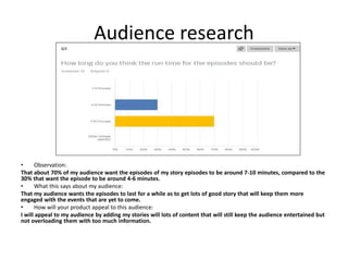 Audience research
• Observation:
That about 70% of my audience want the episodes of my story episodes to be around 7-10 minutes, compared to the
30% that want the episode to be around 4-6 minutes.
• What this says about my audience:
That my audience wants the episodes to last for a while as to get lots of good story that will keep them more
engaged with the events that are yet to come.
• How will your product appeal to this audience:
I will appeal to my audience by adding my stories will lots of content that will still keep the audience entertained but
not overloading them with too much information.
 