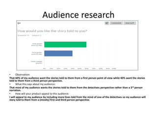 Audience research
• Observation:
That 60% of my audience want the stories told to them from a first person point of view while 40% want the stories
told to them from a third person perspective.
• What this says about my audience:
That most of my audience wants the stories told to them from the detectives perspective rather than a 3rd person
narration.
• How will your product appeal to this audience:
I will appeal to my audience by including more lines told from the mind of one of the detectives so my audience will
story told to them from a (mostly) first and third person perspective.
 