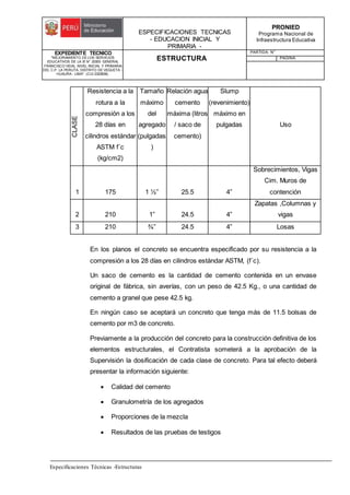 ESPECIFICACIONES TECNICAS
- EDUCACION INICIAL Y
PRIMARIA -
PRONIED
Programa Nacional de
Infraestructura Educativa
EXPEDIENTE TECNICO
"MEJORAMIENTO DE LOS SERVICIOS
EDUCATIVOS DE LA IE N° 20353 GENERAL
FRANCISCO VIDAL NIVEL INICIAL Y PRIMARIA
DEL C.P. LA PERLITA, DISTRITO DE VEGUETA -
HUAURA - LIMA". (CUI 2322839).
ESTRUCTURA
PARTIDA: N°
PAGINA:
Especificaciones Técnicas -Estructuras
CLASE
Resistencia a la
rotura a la
compresión a los
28 días en
cilindros estándar
ASTM f´c
(kg/cm2)
Tamaño
máximo
del
agregado
(pulgadas
)
Relación agua
cemento
máxima (litros
/ saco de
cemento)
Slump
(revenimiento)
máximo en
pulgadas Uso
1 175 1 ½” 25.5 4”
Sobrecimientos, Vigas
Cim. Muros de
contención
2 210 1” 24.5 4”
Zapatas ,Columnas y
vigas
3 210 ¾” 24.5 4” Losas
En los planos el concreto se encuentra especificado por su resistencia a la
compresión a los 28 días en cilindros estándar ASTM, (f´c).
Un saco de cemento es la cantidad de cemento contenida en un envase
original de fábrica, sin averías, con un peso de 42.5 Kg., o una cantidad de
cemento a granel que pese 42.5 kg.
En ningún caso se aceptará un concreto que tenga más de 11.5 bolsas de
cemento por m3 de concreto.
Previamente a la producción del concreto para la construcción definitiva de los
elementos estructurales, el Contratista someterá a la aprobación de la
Supervisión la dosificación de cada clase de concreto. Para tal efecto deberá
presentar la información siguiente:
 Calidad del cemento
 Granulometría de los agregados
 Proporciones de la mezcla
 Resultados de las pruebas de testigos
 