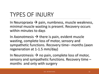 TYPES OF INJURY
In Neuropraxia  pain, numbness, muscle weakness,
minimal muscle wasting is present. Recovery occurs
within minutes to days
In Axonotmesis  there is pain, evident muscle
wasting, complete loss of motor, sensory and
sympathetic functions. Recovery time– months (axon
regeneration at 1-1.5 mm/day)
In Neurotmesis  no pain, complete loss of motor,
sensory and sympathetic functions. Recovery time –
months and only with surgery
P/B :- DR NIYATI PATEL 13
 