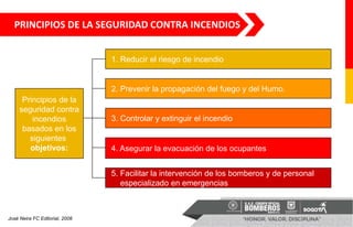 José Neira FC Editorial, 2008
1. Reducir el riesgo de incendio
2. Prevenir la propagación del fuego y del Humo.
Principios de la
seguridad contra
incendios
basados en los
siguientes
objetivos:
3. Controlar y extinguir el incendio
4. Asegurar la evacuación de los ocupantes
5. Facilitar la intervención de los bomberos y de personal
especializado en emergencias
PRINCIPIOS DE LA SEGURIDAD CONTRA INCENDIOS
 