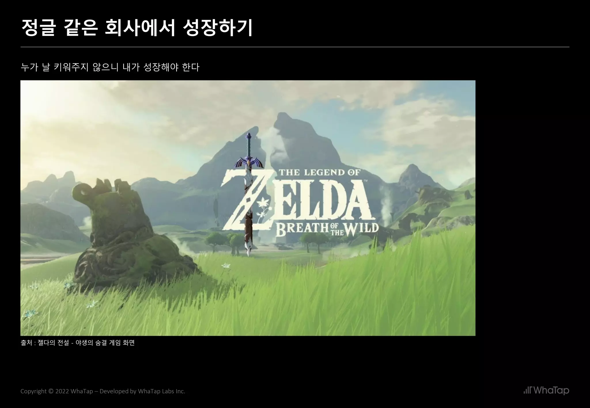 3
Copyright © 2022 WhaTap – Developed by WhaTap Labs Inc.
정글 같은 회사에서 성장하기
누가 날 키워주지 않으니 내가 성장해야 한다
출처 : 젤다의 전설 - 야생의 숨결 게임 화면
 