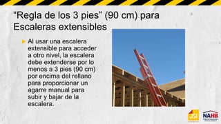 “Regla de los 3 pies” (90 cm) para
Escaleras extensibles
 Al usar una escalera
extensible para acceder
a otro nivel, la escalera
debe extenderse por lo
menos a 3 pies (90 cm)
por encima del rellano
para proporcionar un
agarre manual para
subir y bajar de la
escalera.
 