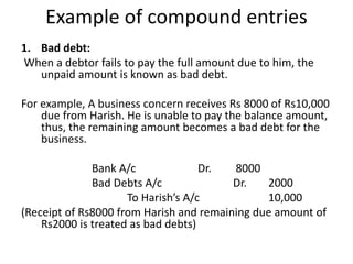 Example of compound entries
1. Bad debt:
When a debtor fails to pay the full amount due to him, the
unpaid amount is known as bad debt.
For example, A business concern receives Rs 8000 of Rs10,000
due from Harish. He is unable to pay the balance amount,
thus, the remaining amount becomes a bad debt for the
business.
Bank A/c Dr. 8000
Bad Debts A/c Dr. 2000
To Harish’s A/c 10,000
(Receipt of Rs8000 from Harish and remaining due amount of
Rs2000 is treated as bad debts)
 