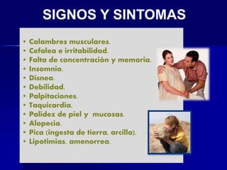 • Calambres musculares.
• Cefalea e irritabilidad.
• Falta de concentración y memoria.
• Insomnio.
• Disnea.
• Debilidad.
• Palpitaciones.
• Taquicardia.
• Palidez de piel y mucosas.
• Alopecia.
• Pica (ingesta de tierra, arcilla).
• Lipotimias, amenorrea.
SIGNOS Y SINTOMAS
 