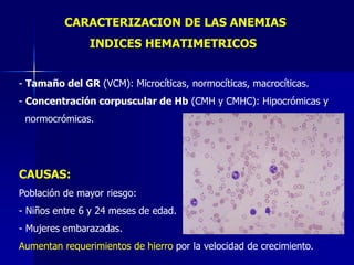 CARACTERIZACION DE LAS ANEMIAS
INDICES HEMATIMETRICOS
- Tamaño del GR (VCM): Microcíticas, normocíticas, macrocíticas.
- Concentración corpuscular de Hb (CMH y CMHC): Hipocrómicas y
normocrómicas.
CAUSAS:
Población de mayor riesgo:
- Niños entre 6 y 24 meses de edad.
- Mujeres embarazadas.
Aumentan requerimientos de hierro por la velocidad de crecimiento.
 