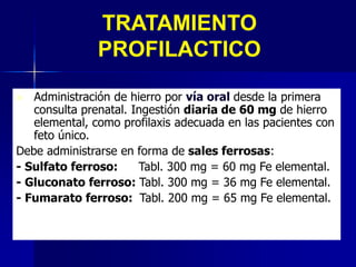 ◼ Administración de hierro por vía oral desde la primera
consulta prenatal. Ingestión diaria de 60 mg de hierro
elemental, como profilaxis adecuada en las pacientes con
feto único.
Debe administrarse en forma de sales ferrosas:
- Sulfato ferroso: Tabl. 300 mg = 60 mg Fe elemental.
- Gluconato ferroso: Tabl. 300 mg = 36 mg Fe elemental.
- Fumarato ferroso: Tabl. 200 mg = 65 mg Fe elemental.
TRATAMIENTO
PROFILACTICO
 