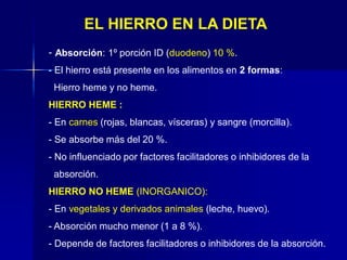 - Absorción: 1º porción ID (duodeno) 10 %.
- El hierro está presente en los alimentos en 2 formas:
Hierro heme y no heme.
HIERRO HEME :
- En carnes (rojas, blancas, vísceras) y sangre (morcilla).
- Se absorbe más del 20 %.
- No influenciado por factores facilitadores o inhibidores de la
absorción.
HIERRO NO HEME (INORGANICO):
- En vegetales y derivados animales (leche, huevo).
- Absorción mucho menor (1 a 8 %).
- Depende de factores facilitadores o inhibidores de la absorción.
EL HIERRO EN LA DIETA
 