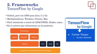 ●
Python, pero con APIS para Java, C y Go
●
Multiplataforma: Windows, Ubuntu, Mac
●
Fácil instalación a través de ANACONDA, Docker, repos...
●
Es el entorno que utilizaremos en las prácticas
2. Frameworks
TensorFlow by Google
 