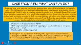 31
CASE FROM PIPLI: WHAT CAN FLW DO?
Suresh was under home quarantine when his wife, developed labour pains and had to be taken to the hospital for
delivery. The ASHA assured Suresh that his wife will be taken care of while he should remain isolated within the
house as advised. The ASHA called her neighbour Seema and requested her to send food for Suresh. She reminded
Seema to take the precautions while giving food. She then called the convener of local mothers’ group and a member
of village health and nutrition committee (VHSNC) member and apprised both of them of the situation requesting them
to arrange for Suresh’s food and home-care requirements. The VHSNC member requested village youth group
members to do the needful for Suresh at-least for next 72 hours till his wife returns.
1. What are the positive actions taken by ASHA?
ASHA has proactively formed community support groups and planned in case of emergency
2. What should be done?
She informed her neighbour to give food
3. Which groups and /or people were involved by ASHA to provide supportive environment?
The neighbours, VHSNC (who in turn involved the Youth Groups) and Adolescent Girls groups
4. If you were in place of ASHA, what would you have done additionally?
 