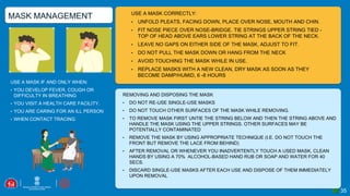 35
MASK MANAGEMENT USE A MASK CORRECTLY:
• UNFOLD PLEATS, FACING DOWN, PLACE OVER NOSE, MOUTH AND CHIN.
• FIT NOSE PIECE OVER NOSE-BRIDGE. TIE STRINGS UPPER STRING TIED -
TOP OF HEAD ABOVE EARS LOWER STRING AT THE BACK OF THE NECK.
• LEAVE NO GAPS ON EITHER SIDE OF THE MASK, ADJUST TO FIT.
• DO NOT PULL THE MASK DOWN OR HANG FROM THE NECK
• AVOID TOUCHING THE MASK WHILE IN USE.
• REPLACE MASKS WITH A NEW CLEAN, DRY MASK AS SOON AS THEY
BECOME DAMP/HUMID, 6 -8 HOURS
REMOVING AND DISPOSING THE MASK
• DO NOT RE-USE SINGLE-USE MASKS
• DO NOT TOUCH OTHER SURFACES OF THE MASK WHILE REMOVING.
• TO REMOVE MASK FIRST UNTIE THE STRING BELOW AND THEN THE STRING ABOVE AND
HANDLE THE MASK USING THE UPPER STRINGS. OTHER SURFACES MAY BE
POTENTIALLY CONTAMINATED
• REMOVE THE MASK BY USING APPROPRIATE TECHNIQUE (I.E. DO NOT TOUCH THE
FRONT BUT REMOVE THE LACE FROM BEHIND)
• AFTER REMOVAL OR WHENEVER YOU INADVERTENTLY TOUCH A USED MASK, CLEAN
HANDS BY USING A 70% ALCOHOL-BASED HAND RUB OR SOAP AND WATER FOR 40
SECS.
• DISCARD SINGLE-USE MASKS AFTER EACH USE AND DISPOSE OF THEM IMMEDIATELY
UPON REMOVAL
USE A MASK IF AND ONLY WHEN:
• YOU DEVELOP FEVER, COUGH OR
DIFFICULTY IN BREATHING
• YOU VISIT A HEALTH CARE FACILITY.
• YOU ARE CARING FOR AN ILL PERSON
• WHEN CONTACT TRACING
 