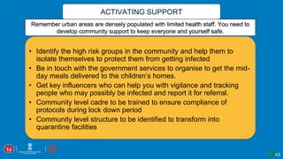 ACTIVATING SUPPORT
Remember urban areas are densely populated with limited health staff. You need to
develop community support to keep everyone and yourself safe.
• Identify the high risk groups in the community and help them to
isolate themselves to protect them from getting infected
• Be in touch with the government services to organise to get the mid-
day meals delivered to the children’s homes.
• Get key influencers who can help you with vigilance and tracking
people who may possibly be infected and report it for referral.
• Community level cadre to be trained to ensure compliance of
protocols during lock down period
• Community level structure to be identified to transform into
quarantine facilities
43
 