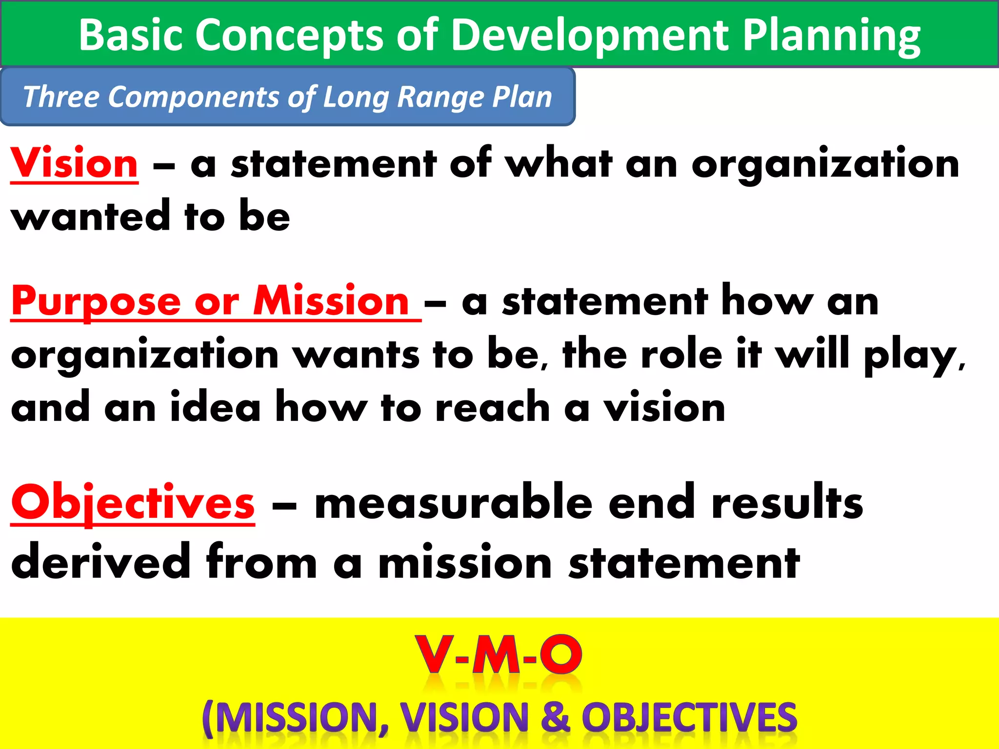 Vision – a statement of what an organization
wanted to be
Purpose or Mission – a statement how an
organization wants to be, the role it will play,
and an idea how to reach a vision
Objectives – measurable end results
derived from a mission statement
Basic Concepts of Development Planning
Three Components of Long Range Plan
 
