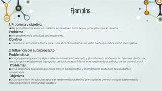 1. Problema y objetivo
⬤Hay poca diferencia entre un problema expresado en forma breve y el objetivo que lo resuelve.
Problema
⬤Si el problema es la dificultad para cruzar el río.
Objetivo
⬤El objetivo es encontrar la forma para cruzar el río. “Encontrar” es un verbo fuerte que indica acción investigativa.
Ejemplos.
2. Influencia del autoconcepto
Problemática
⬤Es lógico pensar que existe alguna relación entre el autoconcepto y el rendimiento académico de los universitarios, por
tanto, surge inmediatamente la pregunta: ¿el autoconcepto influye en el rendimiento académico de los universitarios?
Problemas
⬤PP. Se desconoce la relación que existe entre el autoconcepto y el rendimiento académico de estudiantes
universitarios.
Objetivos
⬤OG. Medir el nivel de autoconcepto y de rendimiento académico de estudiantes universitarios para determinar la
relación que existe entre ambas variables.
 