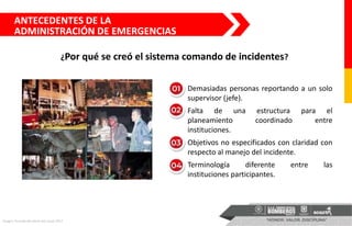 ANTECEDENTES DE LA
ADMINISTRACIÓN DE EMERGENCIAS
Imagen Tomada del diario del cauca 2017
Demasiadas personas reportando a un solo
supervisor (jefe).
Falta de una estructura para el
planeamiento coordinado entre
instituciones.
Objetivos no especificados con claridad con
respecto al manejo del incidente.
Terminología diferente entre las
instituciones participantes.
¿Por qué se creó el sistema comando de incidentes?
 
