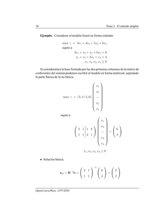 36 Tema 2. El método simplex
Ejemplo. Considerar el modelo lineal en forma estándar
max z = 3x1 + 4x2 + 5x3 + 6x4
sujeto a
2x1 + x2 + x3 + 8x4 = 6
x1 + x2 + 2x3 + x4 = 4
x1, x2, x3, x4 ≥ 0
Si consideramos la base formada por las dos primeras columnas de la matriz de
coeficientes del sistema podemos escribir el modelo en forma matricial, separando
la parte básica de la no básica.
max z = (3, 4 | 5, 6)











x1
x2
−
x3
x4











sujeto a


2 1 1 8
1 1 2 1













x1
x2
−
x3
x4











=


6
4


x1, x2, x3, x4 ≥ 0
• Solución básica.
xB = B−1
b =


2 1
1 1


−1 

6
4

 =


2
2

 .
OpenCourseWare, UPV/EHU
 