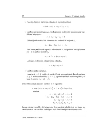 22 Tema 2. El método simplex
• Función objetivo. La forma estándar de maximización es
− max (−z) = −x1 − 2x2 − x3.
• Cambios en las restricciones. En la primera restricción restamos una vari-
able de holgura x4,
x1 + x2 − x3 − x4 = 2.
En la segunda restricción sumamos una variable de holgura x5,
x1 − 2x2 + 5x3 + x5 = −1.
Para hacer positivo el segundo miembro de la desigualdad multiplicamos
por −1 en ambos miembros,
−x1 + 2x2 − 5x3 − x5 = 1.
La tercera restricción está en forma estándar,
x1 + x2 + x3 = 4.
• Cambios en las variables.
La variable x1 ≥ 0 verifica la restricción de no negatividad. Para la variable
x2 ≤ 0 se hace el cambio x2 = −x′
2 y para la variable no restringida x3 se
hace el cambio x3 = x′
3 − x′′
3.
El modelo después de estos cambios es el siguiente:
− max (−z) = −x1 + 2x′
2 − x′
3 + x′′
3 + 0x4 + 0x5
sujeto a
x1 − x′
2 − x′
3 + x′′
3 − x4 = 2
−x1 − 2x′
2 − 5x′
3 + 5x′′
3 − x5 = 1
x1 − x′
2 + x′
3 − x′′
3 = 4
x1, x′
2, x′
3, x′′
3, x4, x5 ≥ 0
Sumar o restar variables de holgura no debe cambiar el objetivo, por tanto los
coeficientes de las variables de holgura en la función objetivo deben ser cero. 2
OpenCourseWare, UPV/EHU
 