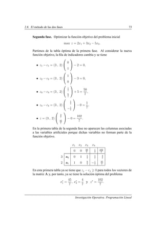 2.8. El método de las dos fases 73
Segunda fase. Optimizar la función objetivo del problema inicial
max z = 2x1 + 3x2 − 5x3.
Partimos de la tabla óptima de la primera fase. Al considerar la nueva
función objetivo, la fila de indicadores cambia y se tiene
• z1 − c1 = (3 , 2)


0
1

 − 2 = 0,
• z2 − c2 = (3 , 2)


1
0

 − 3 = 0,
• z3 − c3 = (3 , 2)


1
7
6
7

 + 5 =
50
7
,
• z4 − c4 = (3 , 2)


1
7
−1
7

 − 0 =
1
7
,
• z = (3 , 2)


4
7
45
7

 − 0 =
102
7
.
En la primera tabla de la segunda fase no aparecen las columnas asociadas
a las variables artificiales porque dichas variables no forman parte de la
función objetivo.
x1 x2 x3 x4
0 0 50
7
1
7
102
7
3 a2 0 1 1
7
1
7
4
7
2 a1 1 0 6
7
−1
7
45
7
En esta primera tabla ya se tiene que zj − cj ≥ 0 para todos los vectores de
la matriz A y, por tanto, ya se tiene la solución óptima del problema
x∗
1 =
45
7
, x∗
2 =
4
7
y z∗
=
102
7
.
Investigación Operativa. Programación Lineal
 