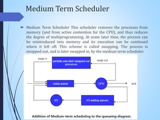 Medium Term Scheduler
 Medium Term Scheduler This scheduler removes the processes from
memory (and from active contention for the CPU), and thus reduces
the degree of multiprogramming. At some later time, the process can
be reintroduced into memory and its execution van be continued
where it left off. This scheme is called swapping. The process is
swapped out, and is later swapped in, by the medium term scheduler.
 
