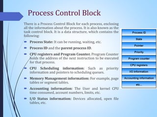 Process Control Block
There is a Process Control Block for each process, enclosing
all the information about the process. It is also known as the
task control block. It is a data structure, which contains the
following:
 Process State: It can be running, waiting, etc.
 Process ID and the parent process ID.
 CPU registers and Program Counter. Program Counter
holds the address of the next instruction to be executed
for that process.
 CPU Scheduling information: Such as priority
information and pointers to scheduling queues.
 Memory Management information: For example, page
tables or segment tables.
 Accounting information: The User and kernel CPU
time consumed, account numbers, limits, etc.
 I/O Status information: Devices allocated, open file
tables, etc.
 