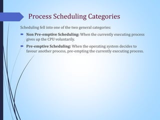 Process Scheduling Categories
Scheduling fell into one of the two general categories:
 Non Pre-emptive Scheduling: When the currently executing process
gives up the CPU voluntarily.
 Pre-emptive Scheduling: When the operating system decides to
favour another process, pre-empting the currently executing process.
 