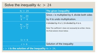Solve the inequality 4𝑐 > 24
4𝑐 > 24 The given inequality
4𝑐
4
>
24
4
Since 𝑐 is multiplied by 4, divide both sides
by 4 to undo multiplication.
4𝑐
4
>
24
4
1𝑐 > 6
4 divided by 4 is 1; 24 divided by 4 is 6.
Note: The coefficient 1 does not necessarily be written. Hence,
the final solution shown below.
𝑐 > 6 Solution of the inequality
𝑐 > 6 is the solution of the inequality 4𝑐 > 24.
 