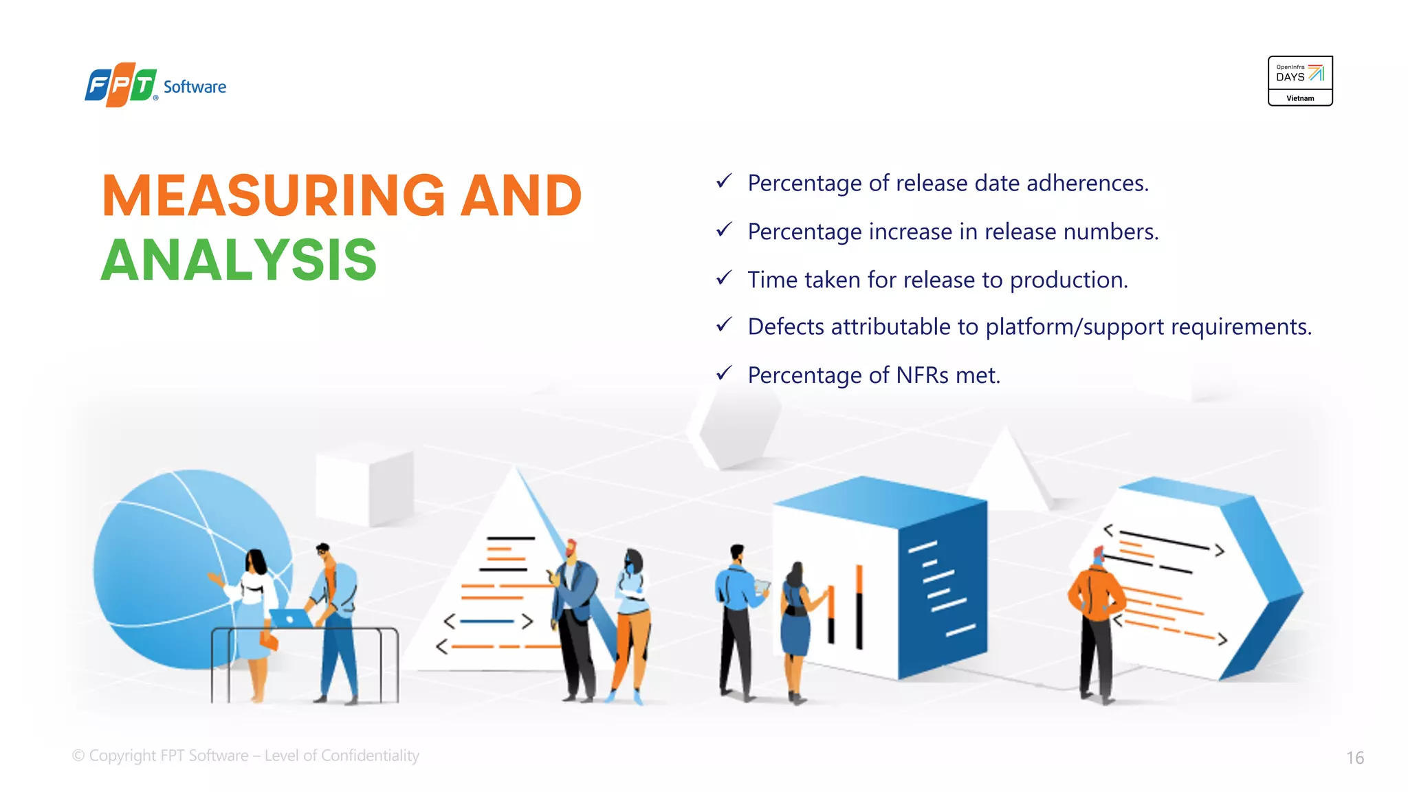 © Copyright FPT Software – Level of Confidentiality 16
MEASURING AND
ANALYSIS
ü Percentage of release date adherences.
ü Percentage increase in release numbers.
ü Time taken for release to production.
ü Defects attributable to platform/support requirements.
ü Percentage of NFRs met.
 