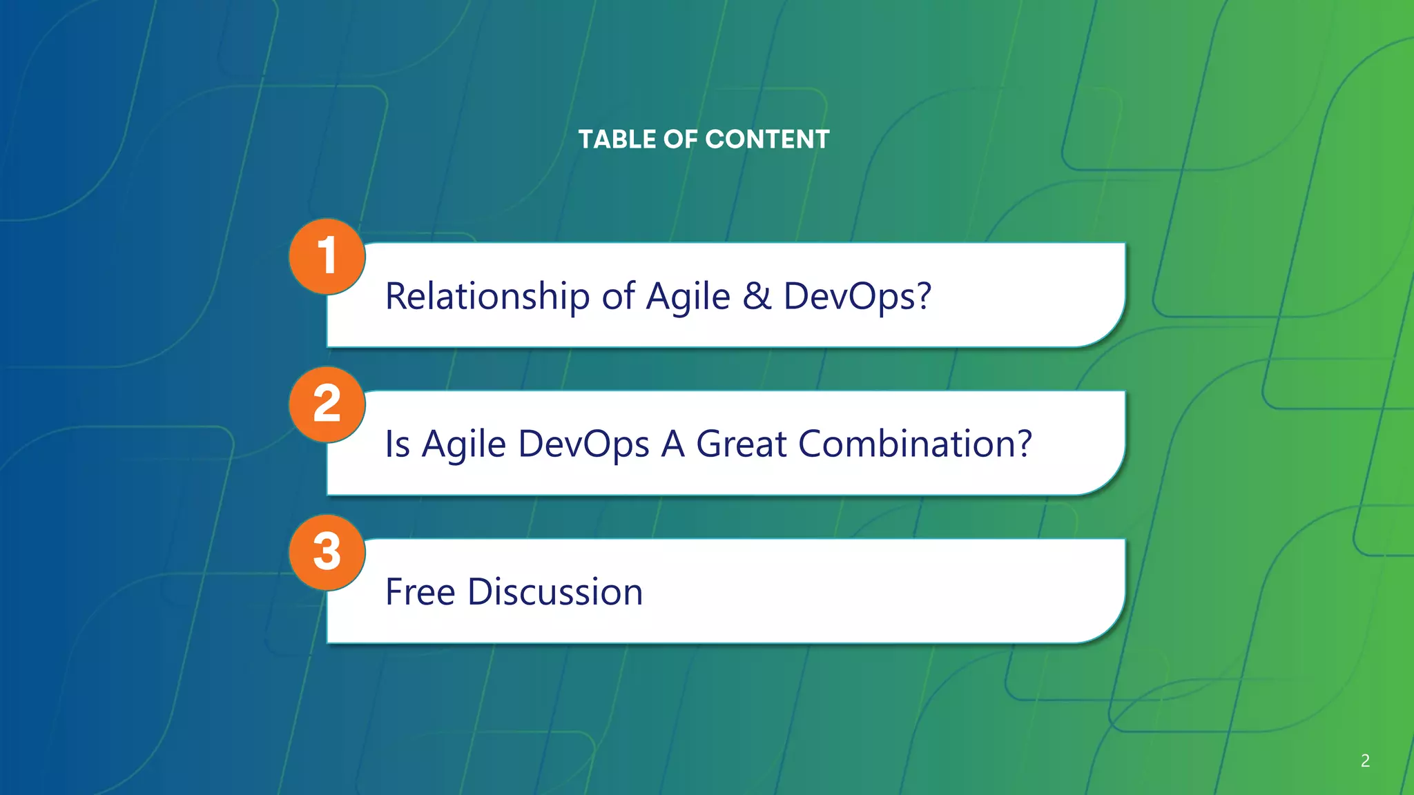 2
2
TABLE OF CONTENT
Relationship of Agile & DevOps?
1
Is Agile DevOps A Great Combination?
2
Free Discussion
3
 