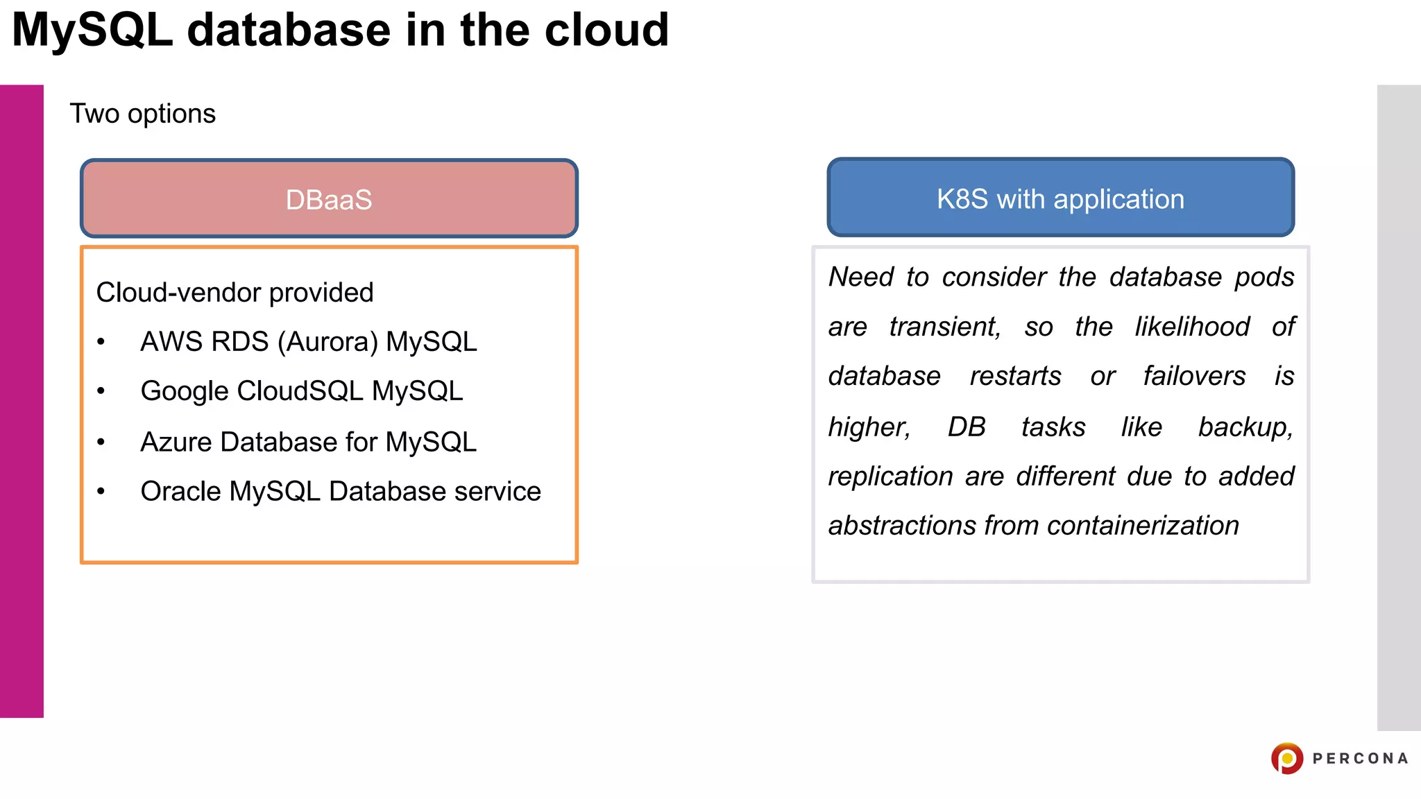 MySQL database in the cloud
Two options
DBaaS K8S with application
Cloud-vendor provided
• AWS RDS (Aurora) MySQL
• Google CloudSQL MySQL
• Azure Database for MySQL
• Oracle MySQL Database service
Need to consider the database pods
are transient, so the likelihood of
database restarts or failovers is
higher, DB tasks like backup,
replication are different due to added
abstractions from containerization
 