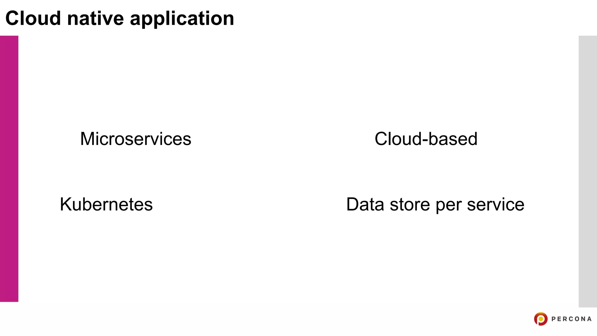Cloud native application
Microservices Cloud-based
Kubernetes Data store per service
 