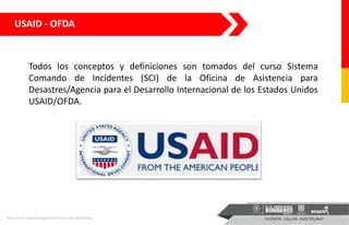 USAID - OFDA
Todos los conceptos y definiciones son tomados del curso Sistema
Comando de Incidentes (SCI) de la Oficina de Asistencia para
Desastres/Agencia para el Desarrollo Internacional de los Estados Unidos
USAID/OFDA.
https://es.m.wikipedia.org/wiki/Archivo:USAID-Identity.svg
 