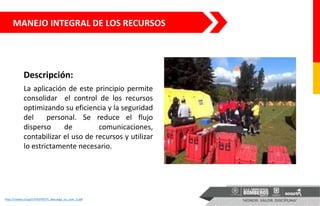 MANEJO INTEGRAL DE LOS RECURSOS
http://cbsebs.cl/upl/1476376575_descarga_sci_usar_2.pdf
La aplicación de este principio permite
consolidar el control de los recursos
optimizando su eficiencia y la seguridad
del personal. Se reduce el flujo
disperso de comunicaciones,
contabilizar el uso de recursos y utilizar
lo estrictamente necesario.
Descripción:
 