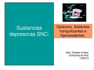 Sustancias
depresoras SNC:
MsU. Elisabet Arribas
Conductas de Risc
13/09/13
Opiáceos, Sedantes
tranquilizantes e
hipnosedantes.
 