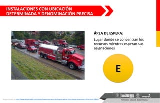 ÁREA DE ESPERA:
Lugar donde se concentran los
recursos mientras esperan sus
asignaciones
Imagen tomada de https://www.elespectador.com/noticias/bogota/bomberos-de-bogota-pediran-cinco-nuevas-estaciones-y-mi-articulo-598489
INSTALACIONES CON UBICACIÓN
DETERMINADA Y DENOMINACIÓN PRECISA
 