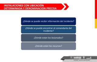 INSTALACIONES CON UBICACIÓN
DETERMINADA Y DENOMINACIÓN PRECISA
¿Dónde se puede recibir información del incidente?
¿Dónde se puede encontrar al comandante del
incidente?
¿Dónde están los lesionados?
¿Dónde están los recursos?
 